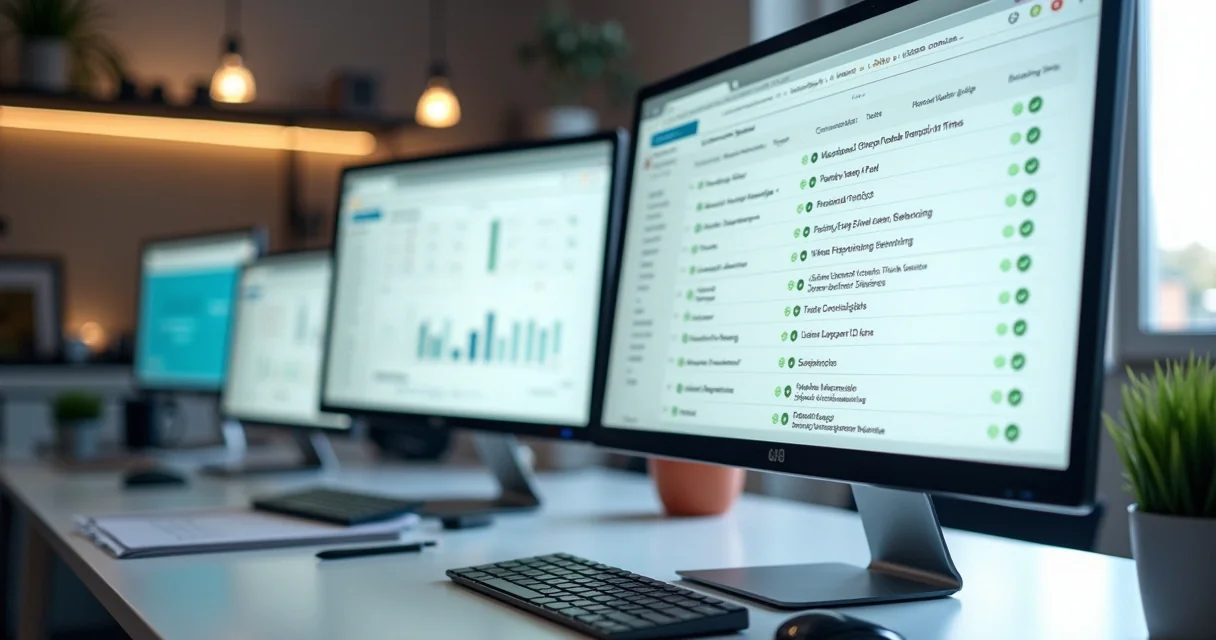 Checklist digital sendo marcado em monitor com softwares open source abertos ao fundo
