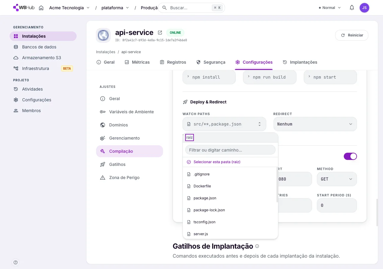 Seletor de caminhos do Watch Paths na W8 Hub: navegador da árvore do repositório com a opção de selecionar a pasta raiz ou arquivos específicos para observar.
